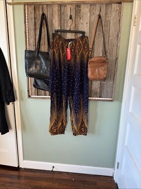 NWT Boho Peacock Feather Print Harem Pants - Navy & Gold Yoga Loungewear